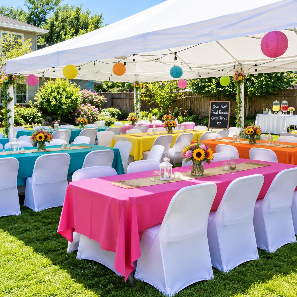 Outdoor party setup with a white canopy tent, colorful tables and chairs on a lawn
